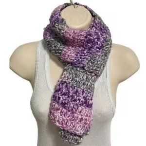 Scarf Handmade Knitted Gray Purple Lilac White Accents Ombré 56 in L x 5 in W